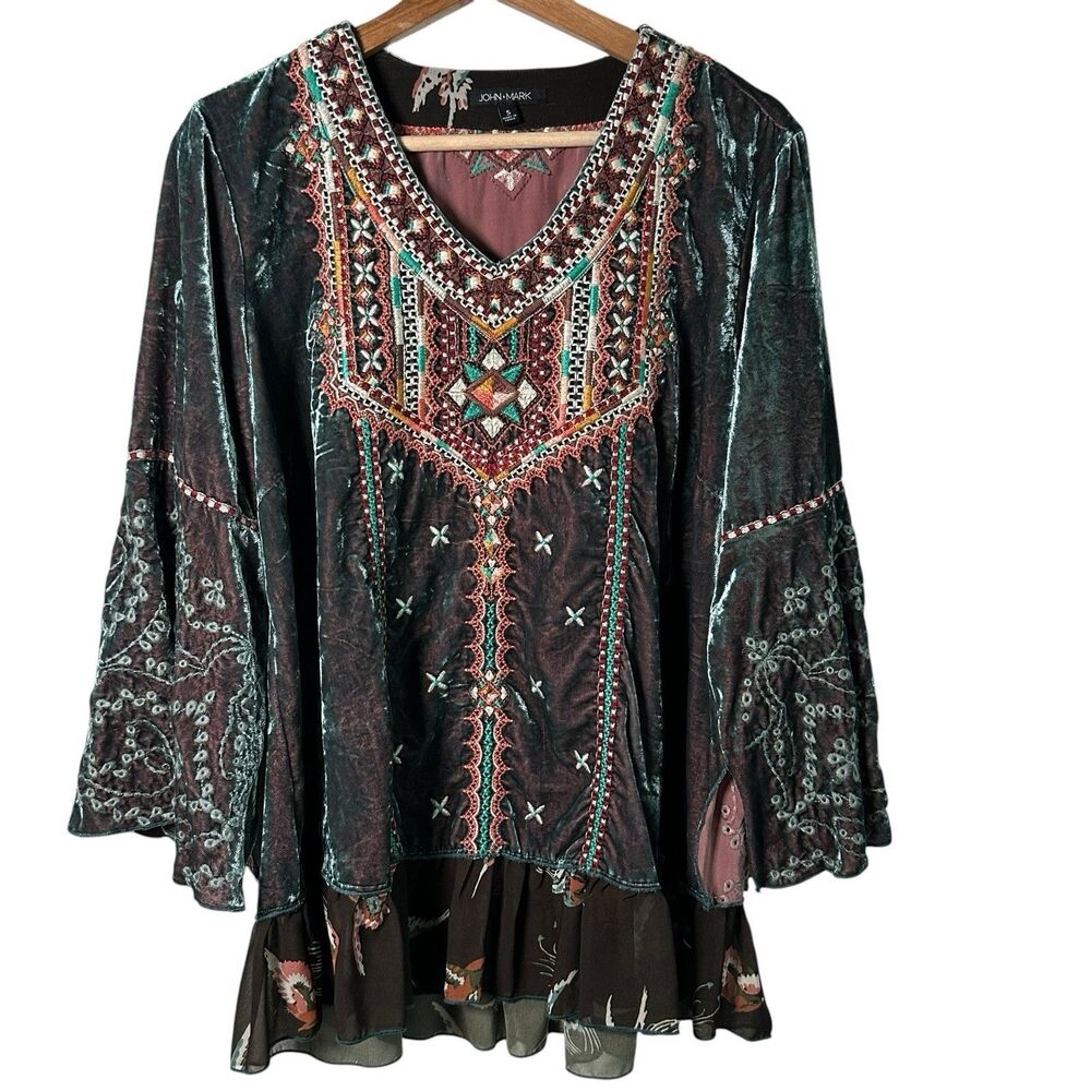 John Mark Tunic Velvet Embroidered Sz S dark green floral Boho